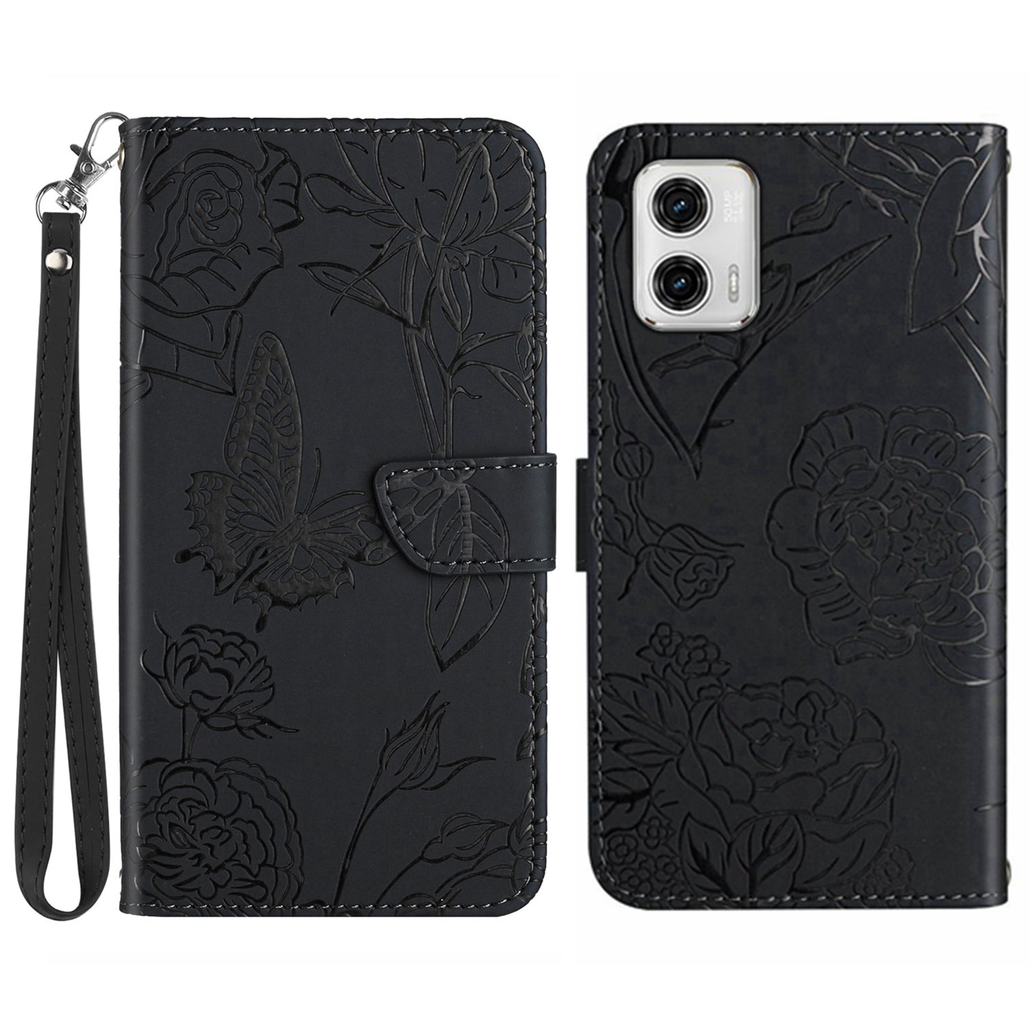 HT03 For Motorola Moto G73 5G Skin-touch Feeling Magnetic Flip Stand Phone Case Imprinted Butterfly Flowers Cover with Strap