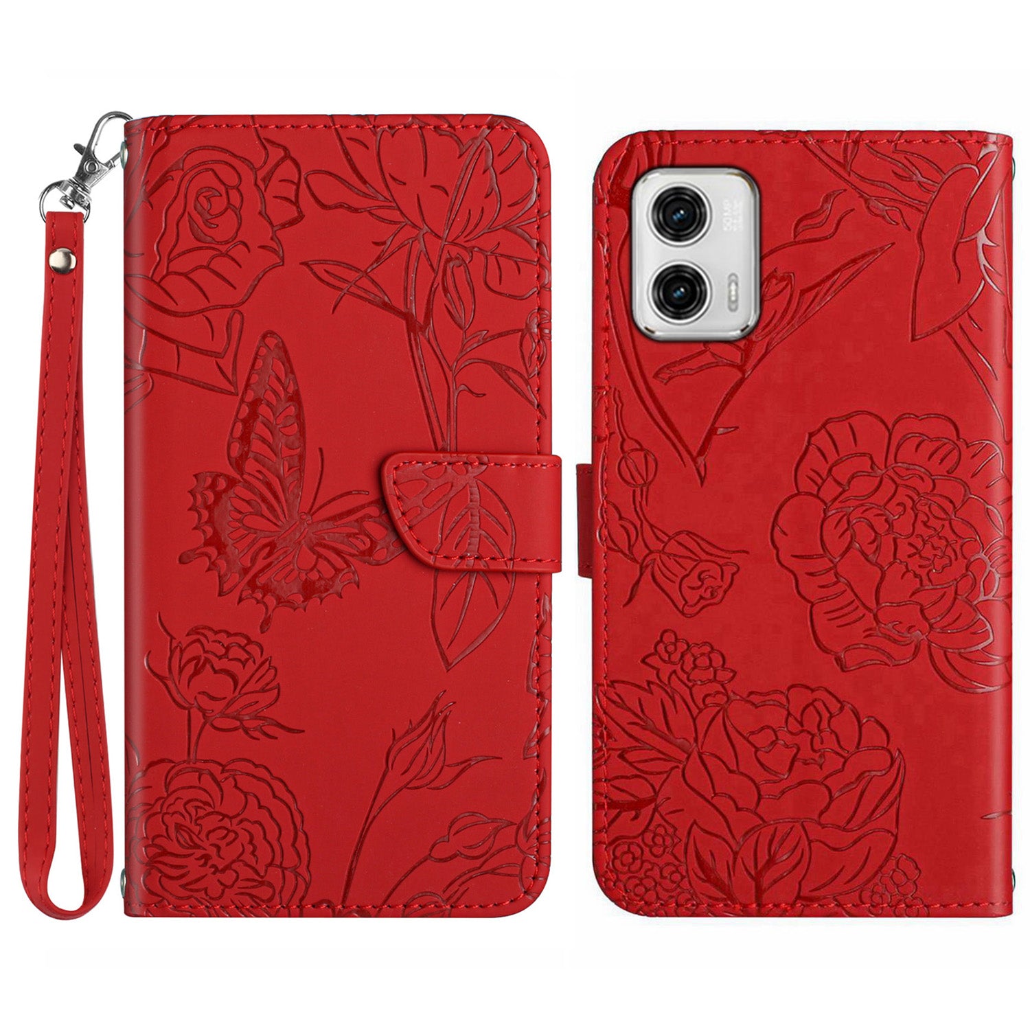 HT03 For Motorola Moto G73 5G Skin-touch Feeling Magnetic Flip Stand Phone Case Imprinted Butterfly Flowers Cover with Strap