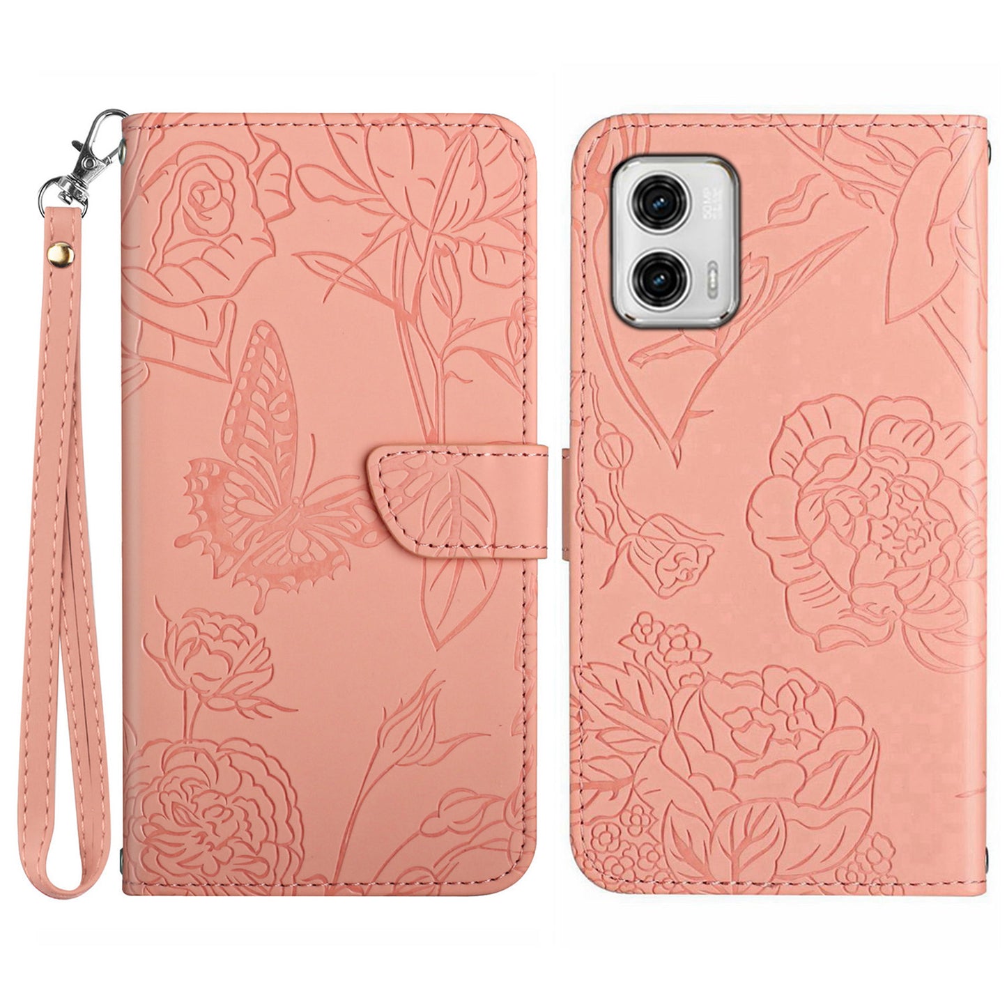 HT03 For Motorola Moto G73 5G Skin-touch Feeling Magnetic Flip Stand Phone Case Imprinted Butterfly Flowers Cover with Strap