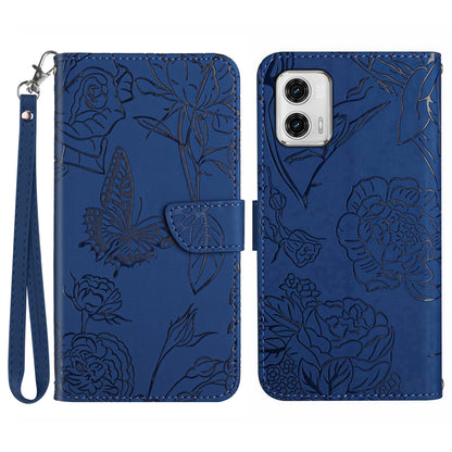 HT03 For Motorola Moto G73 5G Skin-touch Feeling Magnetic Flip Stand Phone Case Imprinted Butterfly Flowers Cover with Strap