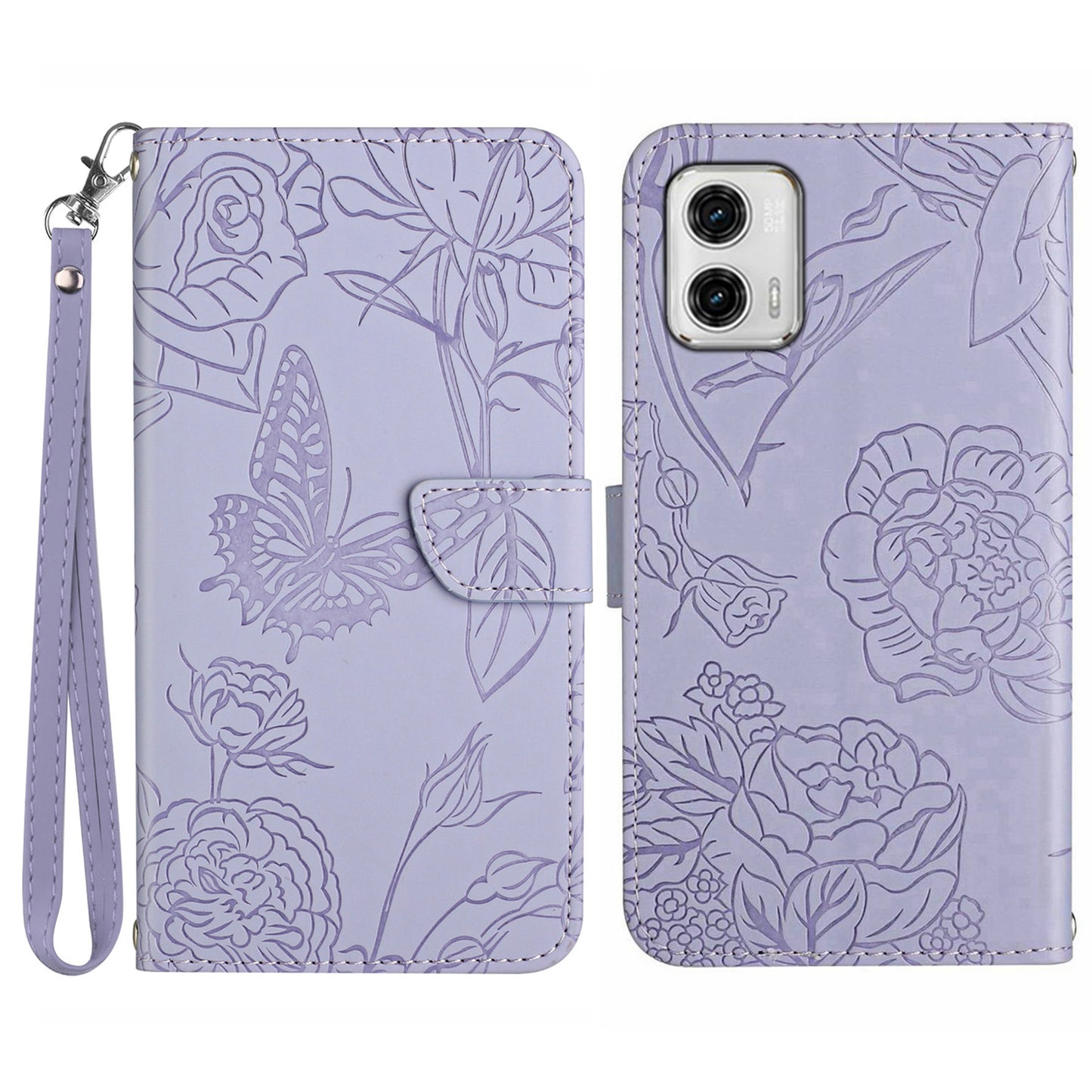 HT03 For Motorola Moto G73 5G Skin-touch Feeling Magnetic Flip Stand Phone Case Imprinted Butterfly Flowers Cover with Strap