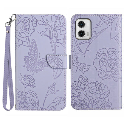 HT03 For Motorola Moto G73 5G Skin-touch Feeling Magnetic Flip Stand Phone Case Imprinted Butterfly Flowers Cover with Strap