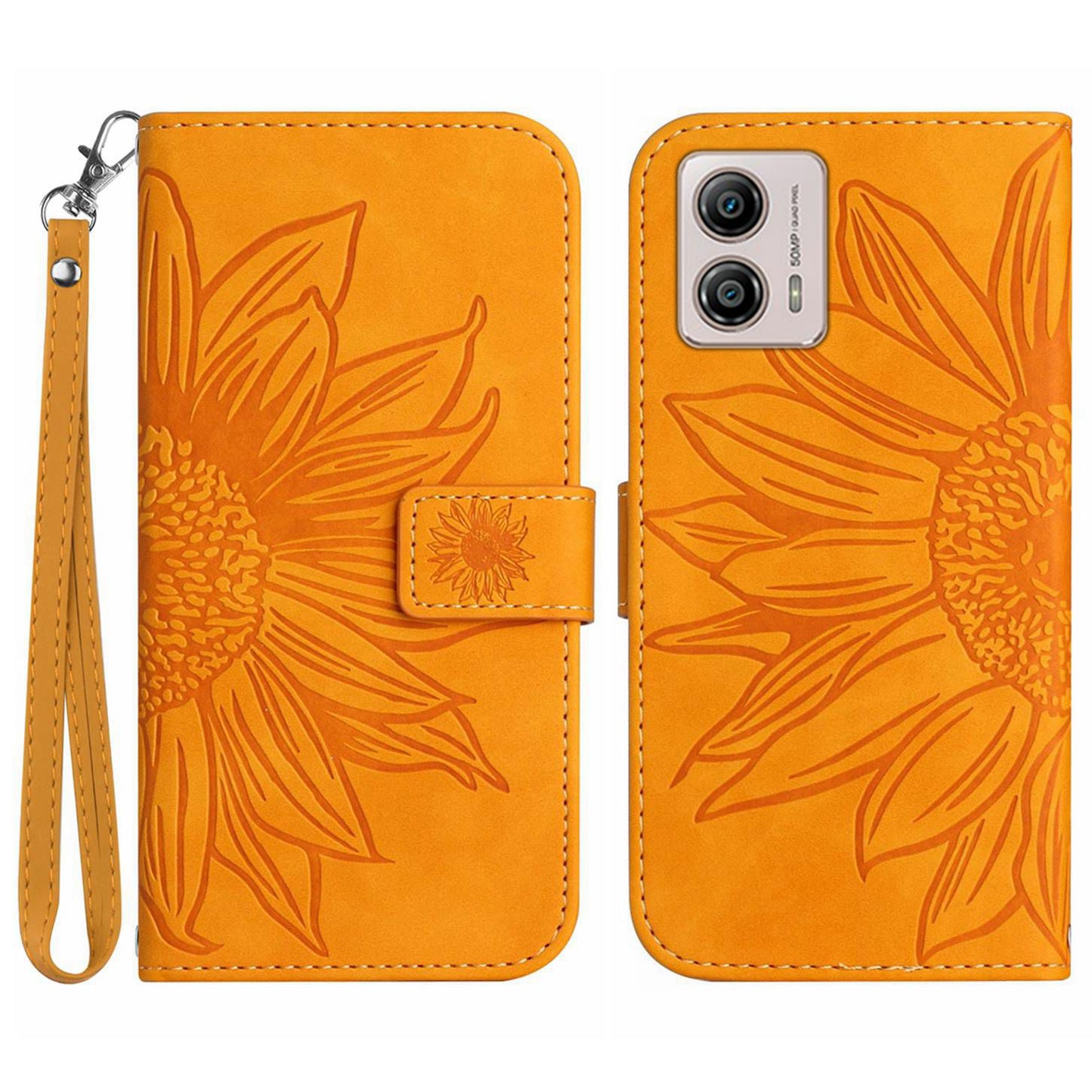 Shockproof Leather Phone Case Stand For Motorola Moto G53 5G, HT04 Sunflower Imprinted Anti-scratch Phone Flip Wallet Cover