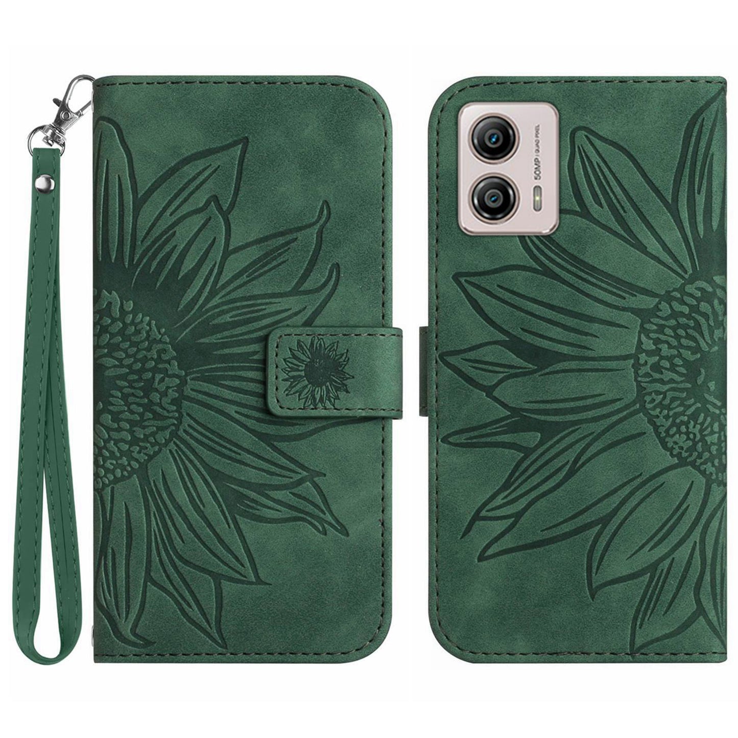 Shockproof Leather Phone Case Stand For Motorola Moto G53 5G, HT04 Sunflower Imprinted Anti-scratch Phone Flip Wallet Cover