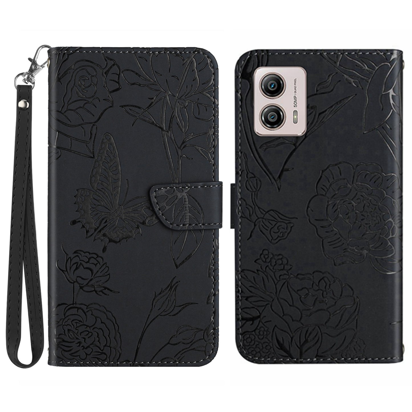 HT03 For Motorola Moto G53 5G Anti-Scratch Phone Case Imprinted Butterfly Flowers Skin-touch Feeling Flip Stand Phone Cover with Strap