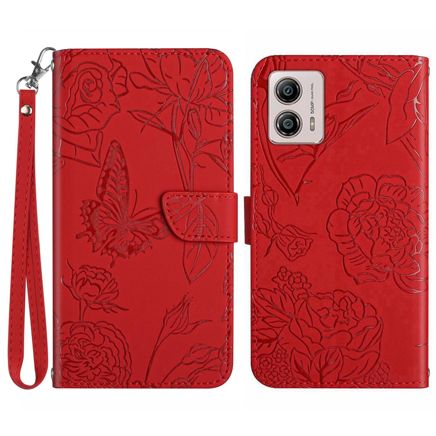 HT03 For Motorola Moto G53 5G Anti-Scratch Phone Case Imprinted Butterfly Flowers Skin-touch Feeling Flip Stand Phone Cover with Strap