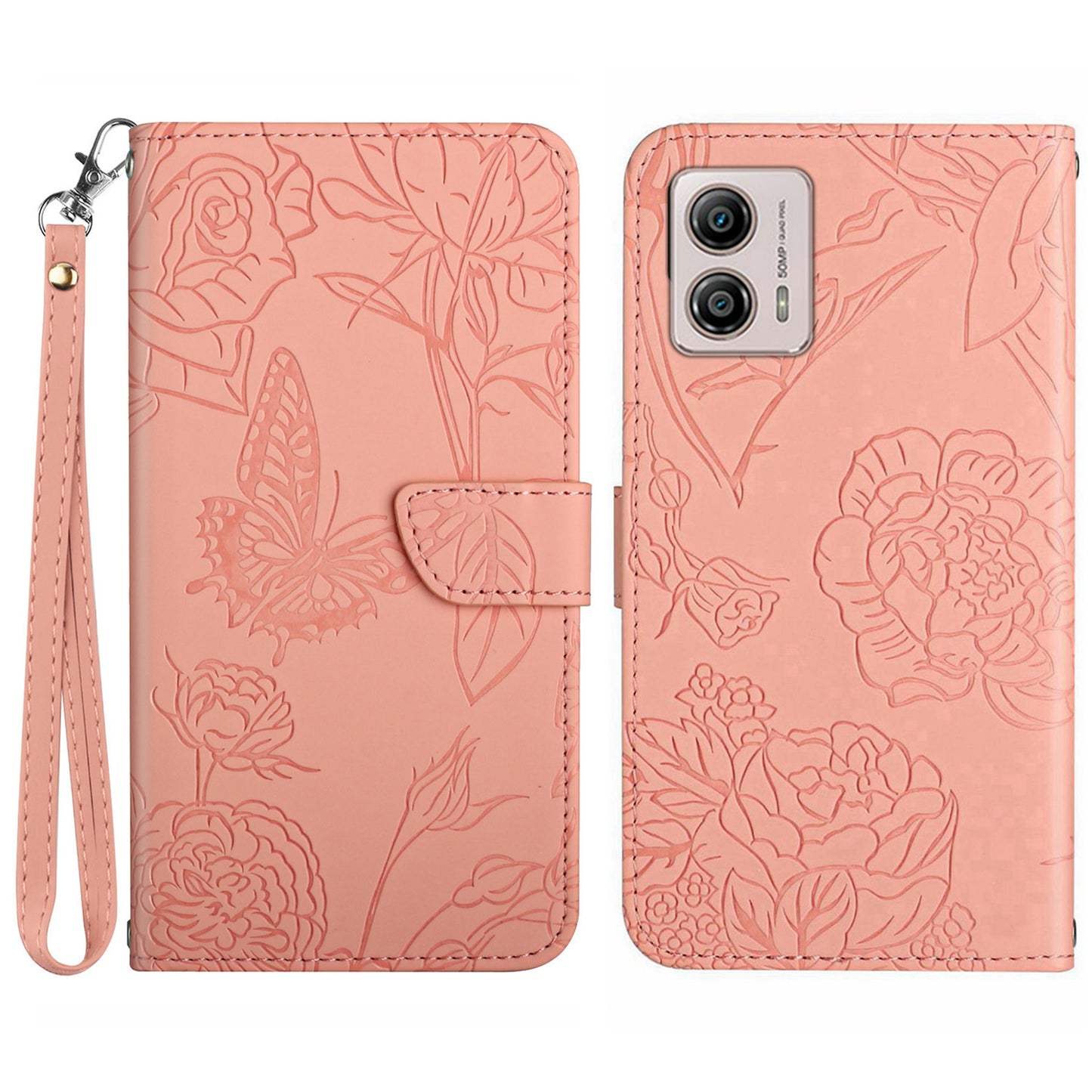 HT03 For Motorola Moto G53 5G Anti-Scratch Phone Case Imprinted Butterfly Flowers Skin-touch Feeling Flip Stand Phone Cover with Strap