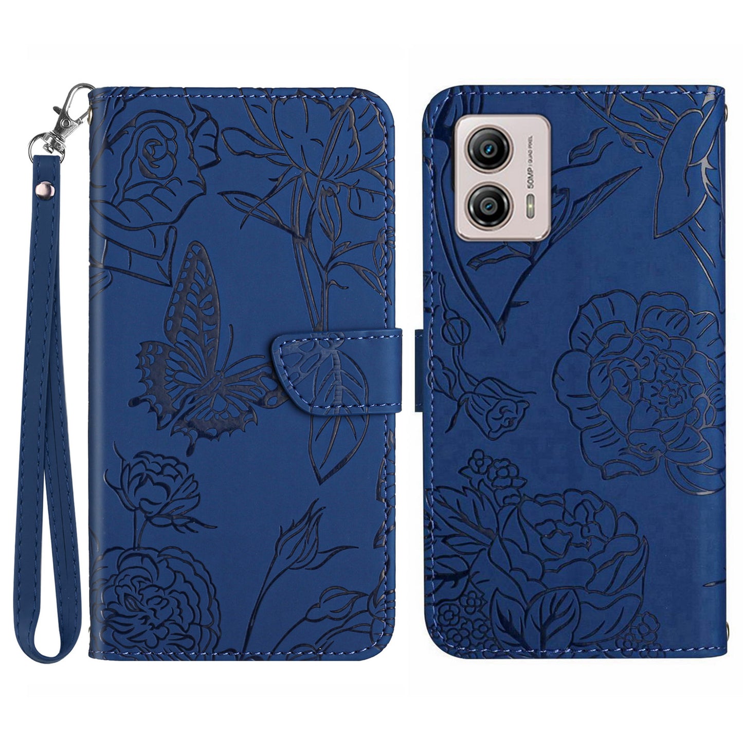 HT03 For Motorola Moto G53 5G Anti-Scratch Phone Case Imprinted Butterfly Flowers Skin-touch Feeling Flip Stand Phone Cover with Strap