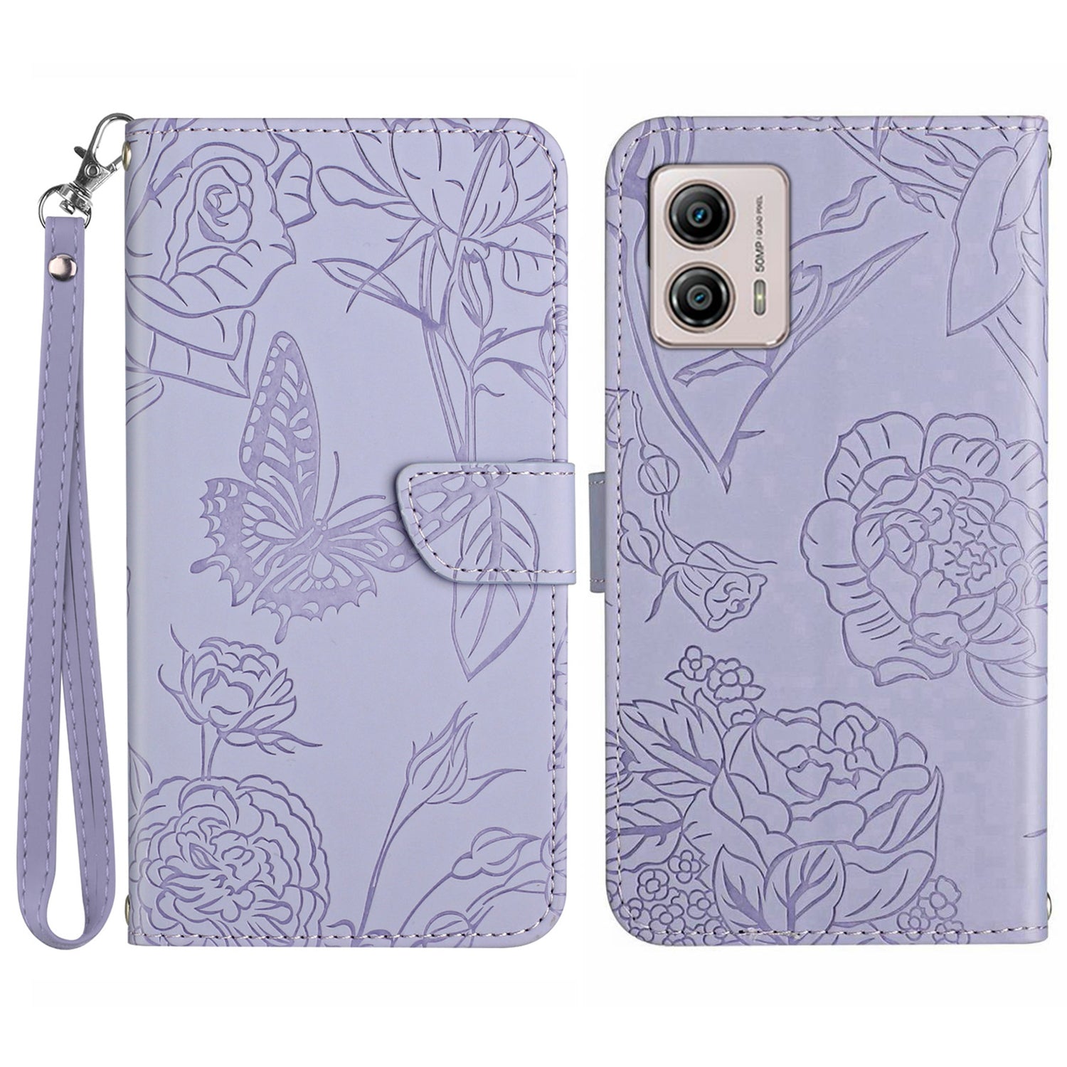 HT03 For Motorola Moto G53 5G Anti-Scratch Phone Case Imprinted Butterfly Flowers Skin-touch Feeling Flip Stand Phone Cover with Strap