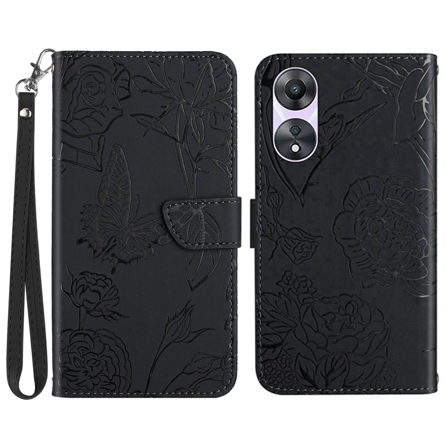 HT03 For Oppo A58 5G (China) / A78 5G (Global Version) Flip Stand Case Imprinted Butterfly Flowers Skin-touch Magnetic Cover with Strap