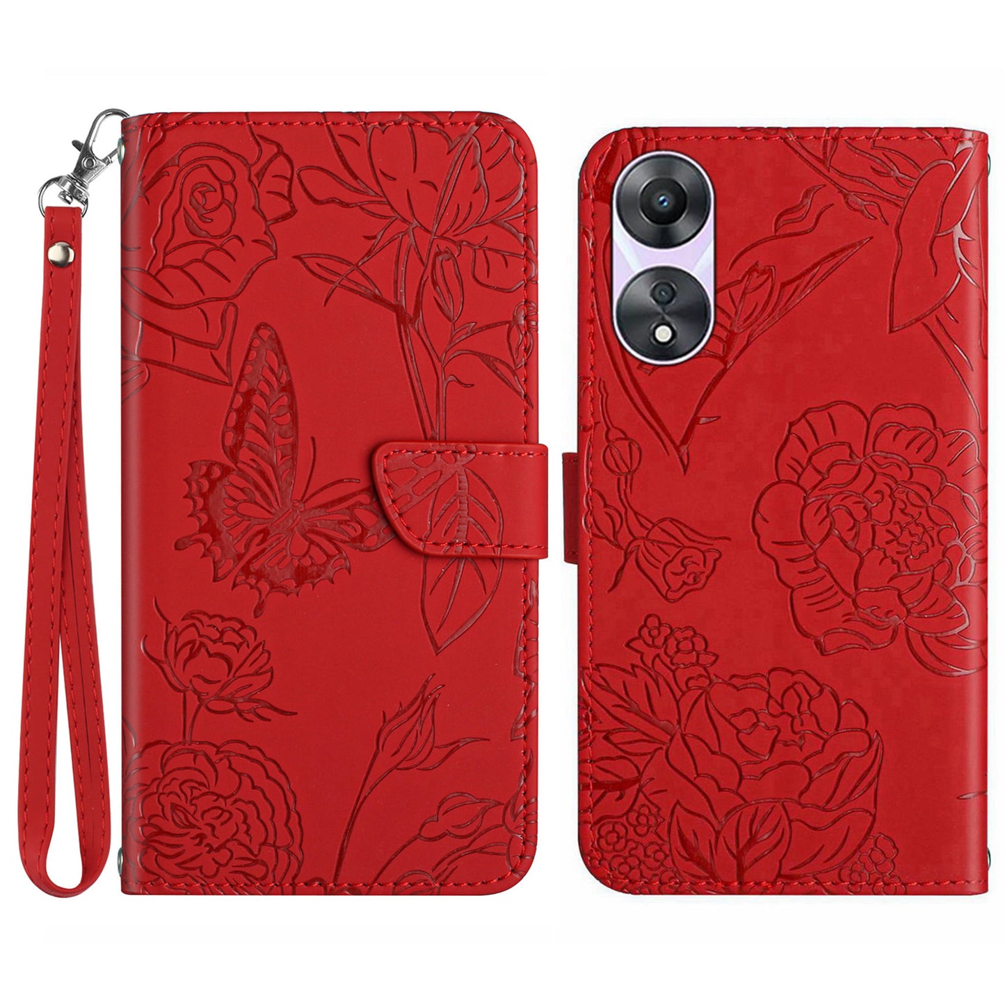 HT03 For Oppo A58 5G (China) / A78 5G (Global Version) Flip Stand Case Imprinted Butterfly Flowers Skin-touch Magnetic Cover with Strap