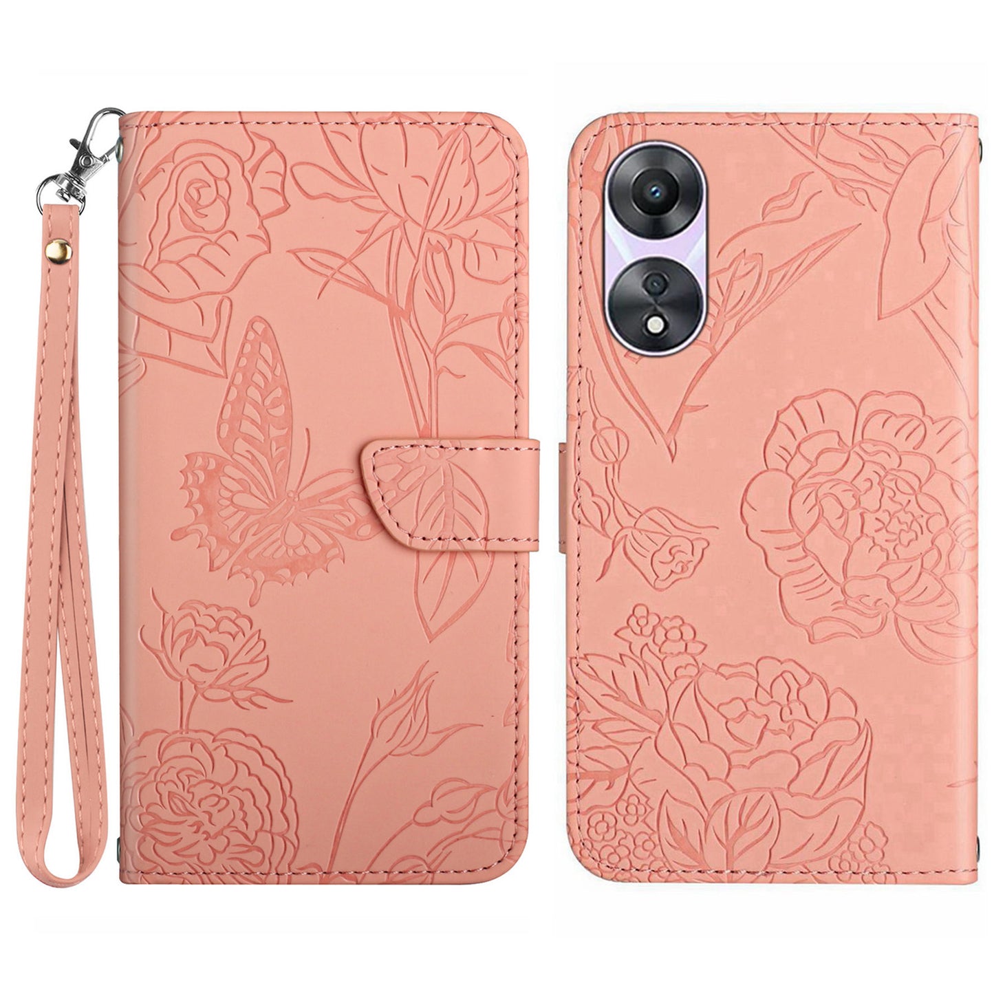 HT03 For Oppo A58 5G (China) / A78 5G (Global Version) Flip Stand Case Imprinted Butterfly Flowers Skin-touch Magnetic Cover with Strap