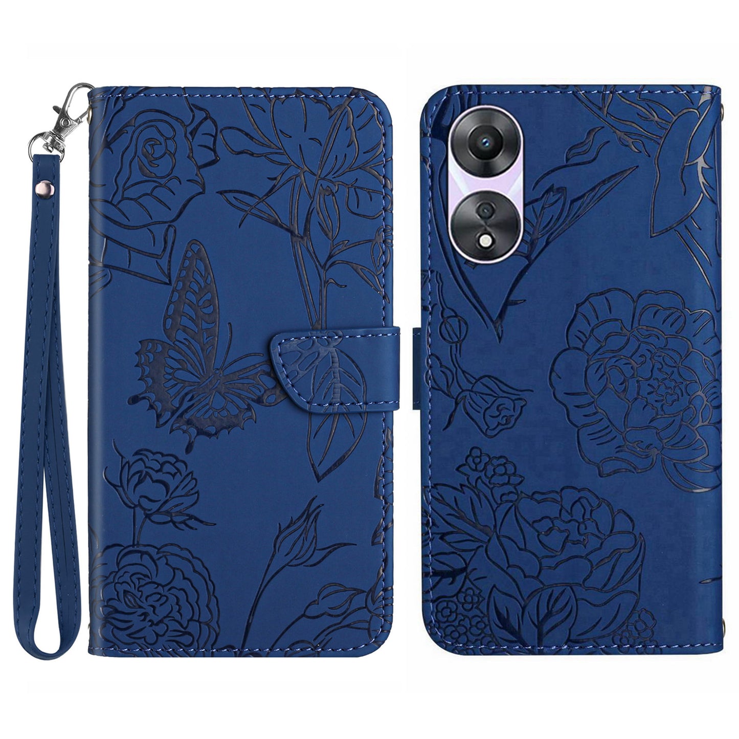 HT03 For Oppo A58 5G (China) / A78 5G (Global Version) Flip Stand Case Imprinted Butterfly Flowers Skin-touch Magnetic Cover with Strap