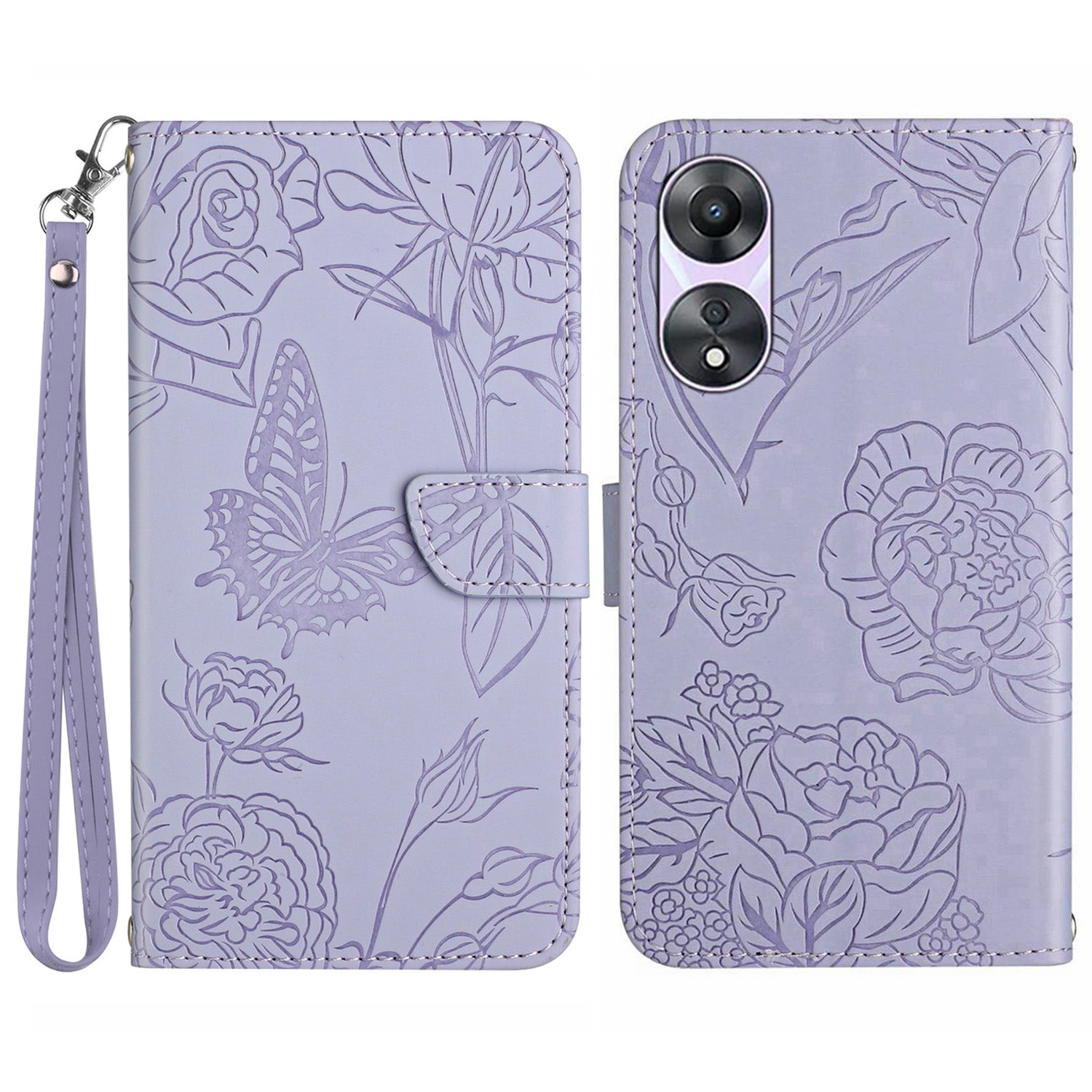 HT03 For Oppo A58 5G (China) / A78 5G (Global Version) Flip Stand Case Imprinted Butterfly Flowers Skin-touch Magnetic Cover with Strap