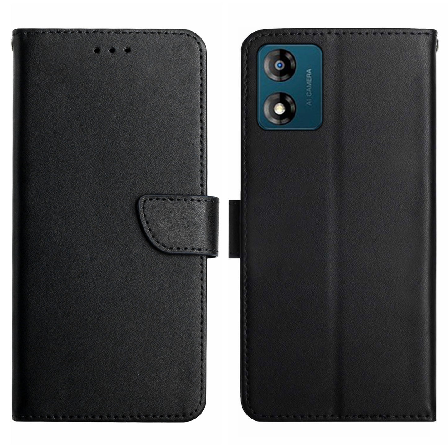 HT02 For Motorola Moto E13 4G Anti-Fingerprint Phone Shell Genuine Leather Nappa Texture Wallet Stand Phone Case Cover