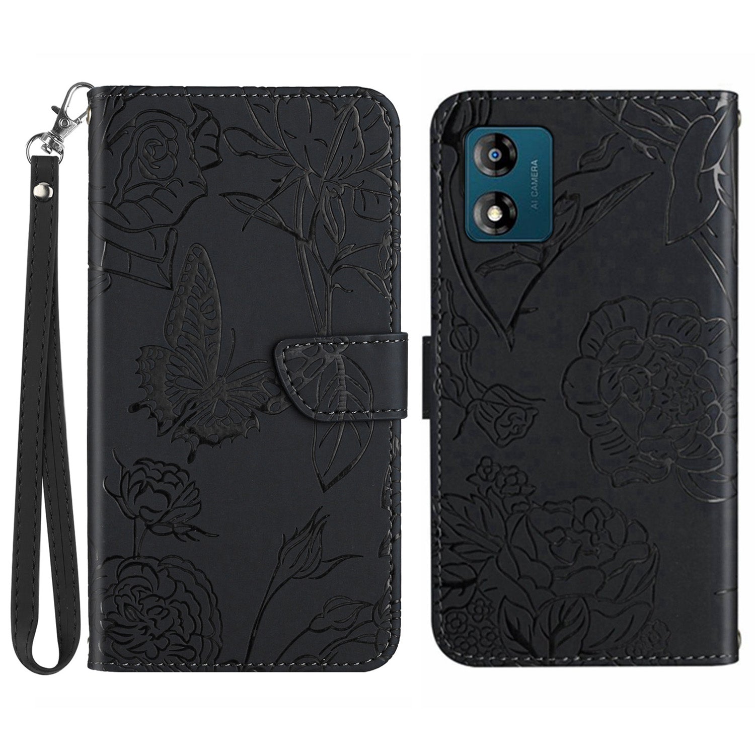 HT03 PU Leather Phone Case for Motorola Moto E13 4G, Skin-touch Feeling Stand Imprinted Butterfly Flowers Phone Cover with Strap