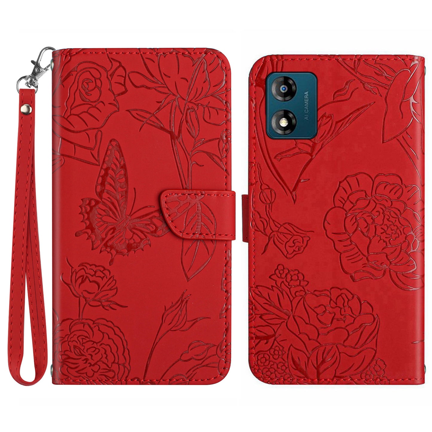 HT03 PU Leather Phone Case for Motorola Moto E13 4G, Skin-touch Feeling Stand Imprinted Butterfly Flowers Phone Cover with Strap