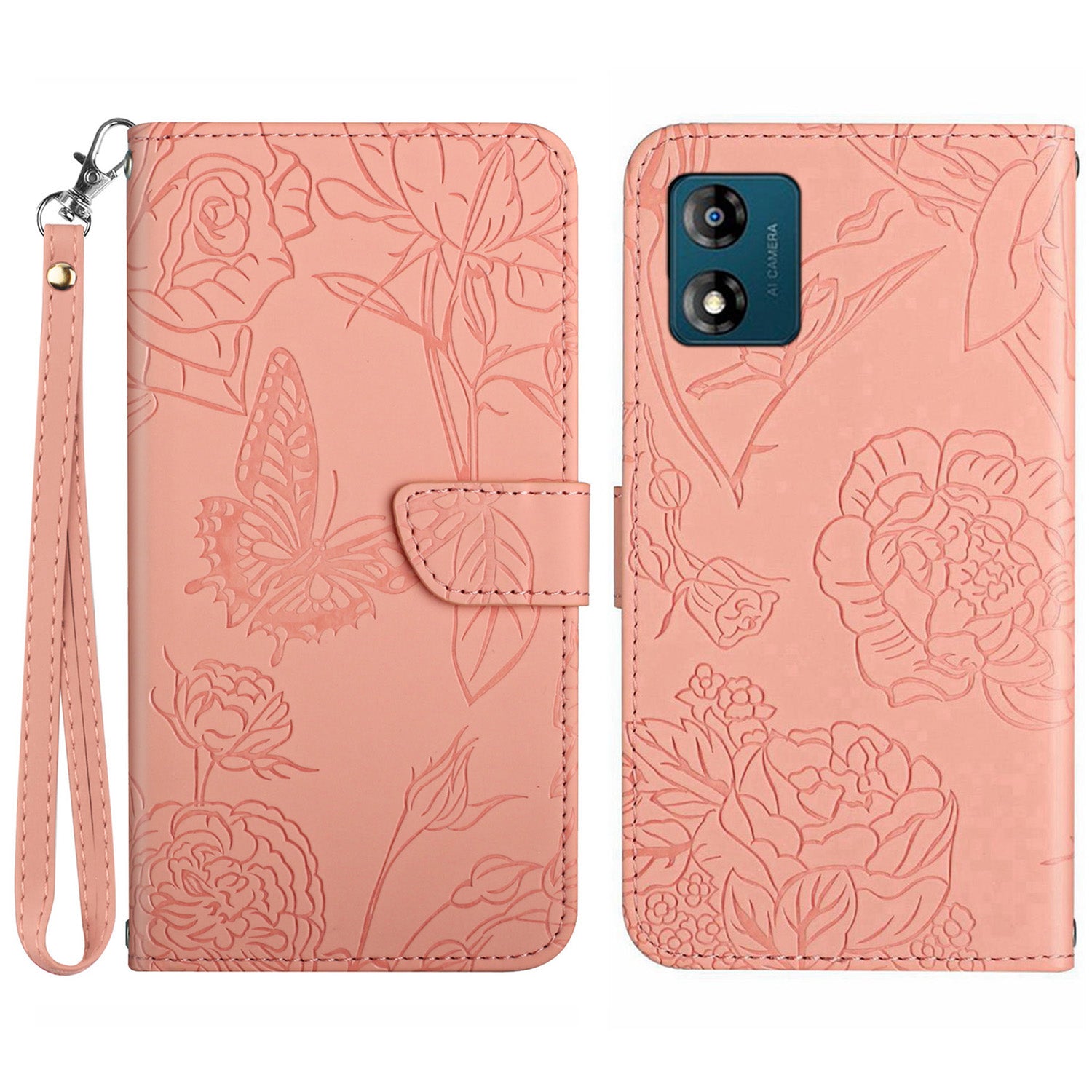 HT03 PU Leather Phone Case for Motorola Moto E13 4G, Skin-touch Feeling Stand Imprinted Butterfly Flowers Phone Cover with Strap