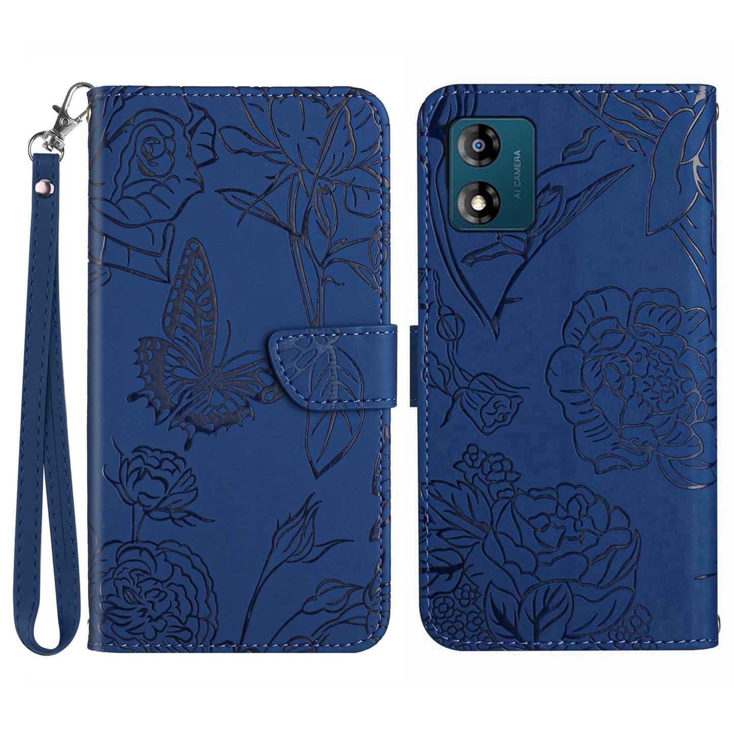 HT03 PU Leather Phone Case for Motorola Moto E13 4G, Skin-touch Feeling Stand Imprinted Butterfly Flowers Phone Cover with Strap