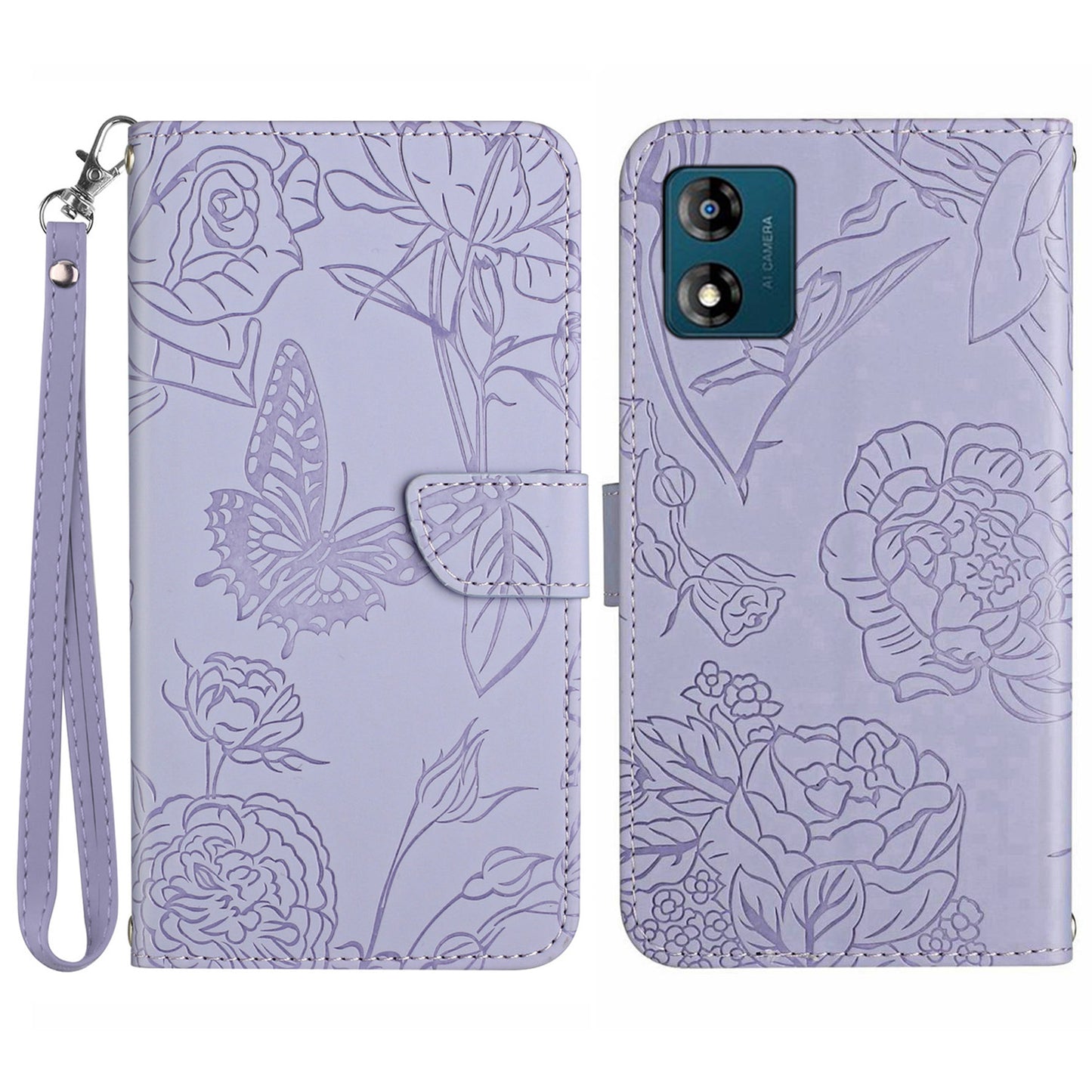 HT03 PU Leather Phone Case for Motorola Moto E13 4G, Skin-touch Feeling Stand Imprinted Butterfly Flowers Phone Cover with Strap