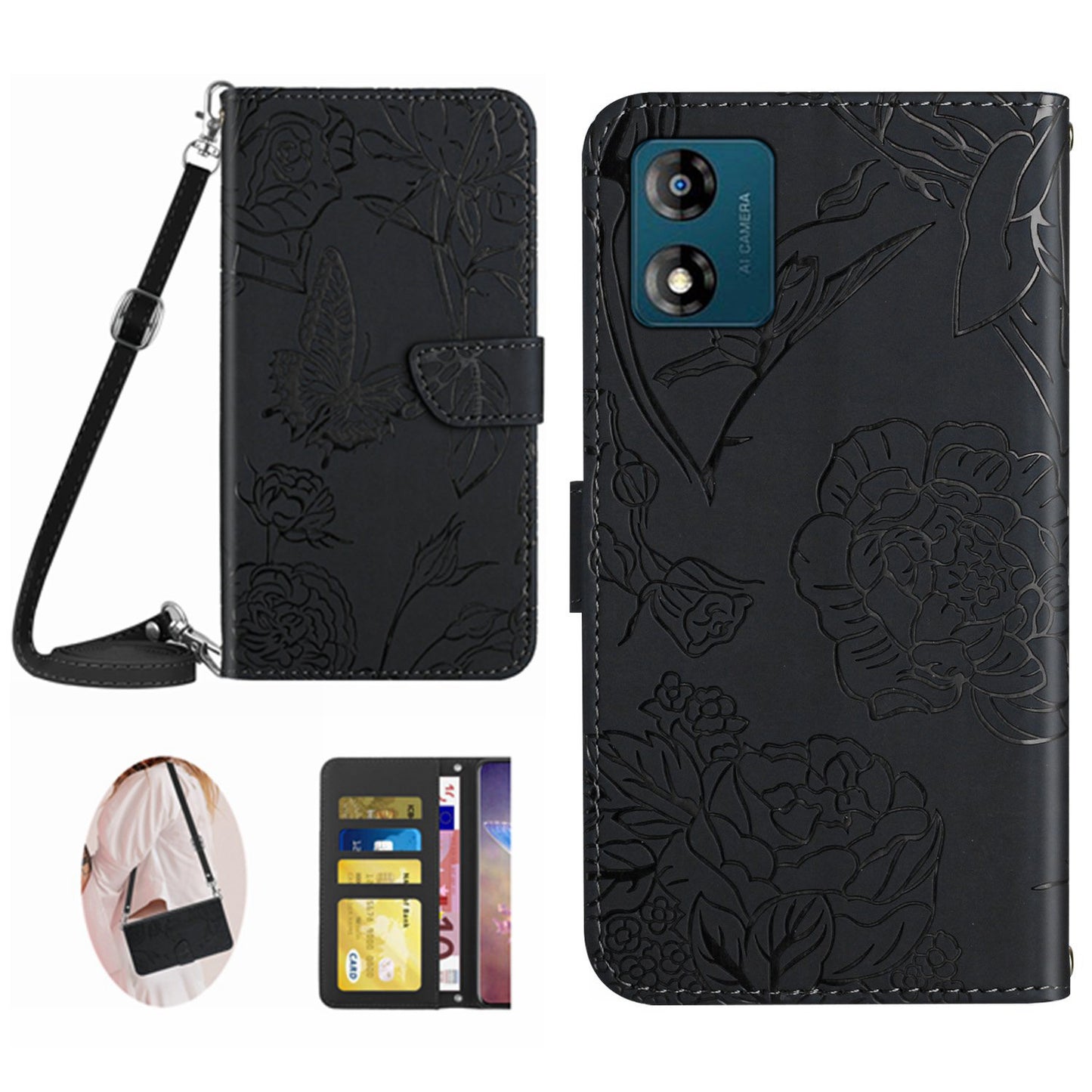 HT03 For Motorola Moto E13 4G Butterfly Flowers Imprinted Leather Wallet Case Stand Cover with Shoulder Strap