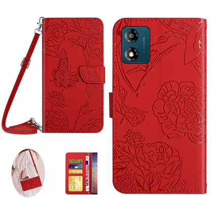 HT03 For Motorola Moto E13 4G Butterfly Flowers Imprinted Leather Wallet Case Stand Cover with Shoulder Strap