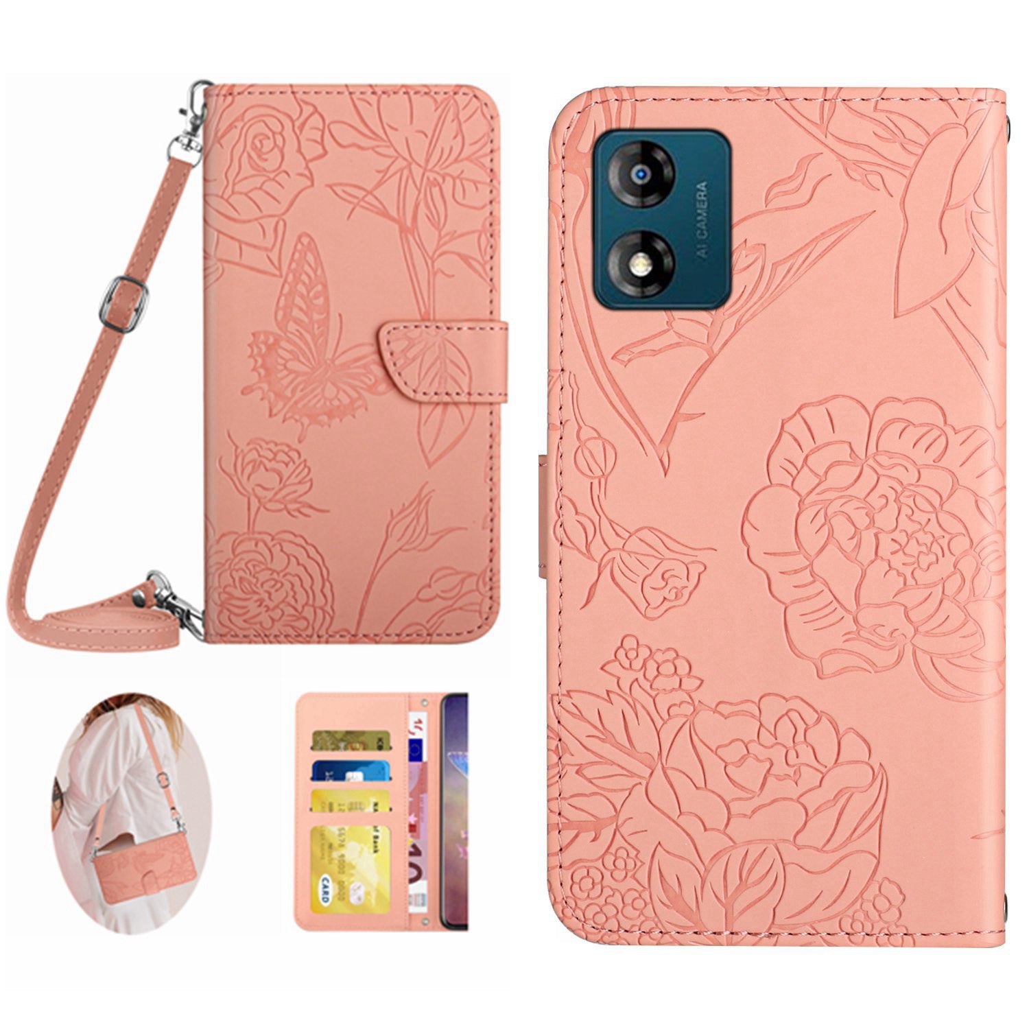 HT03 For Motorola Moto E13 4G Butterfly Flowers Imprinted Leather Wallet Case Stand Cover with Shoulder Strap