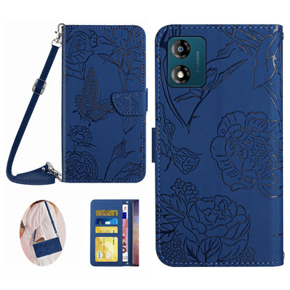 HT03 For Motorola Moto E13 4G Butterfly Flowers Imprinted Leather Wallet Case Stand Cover with Shoulder Strap