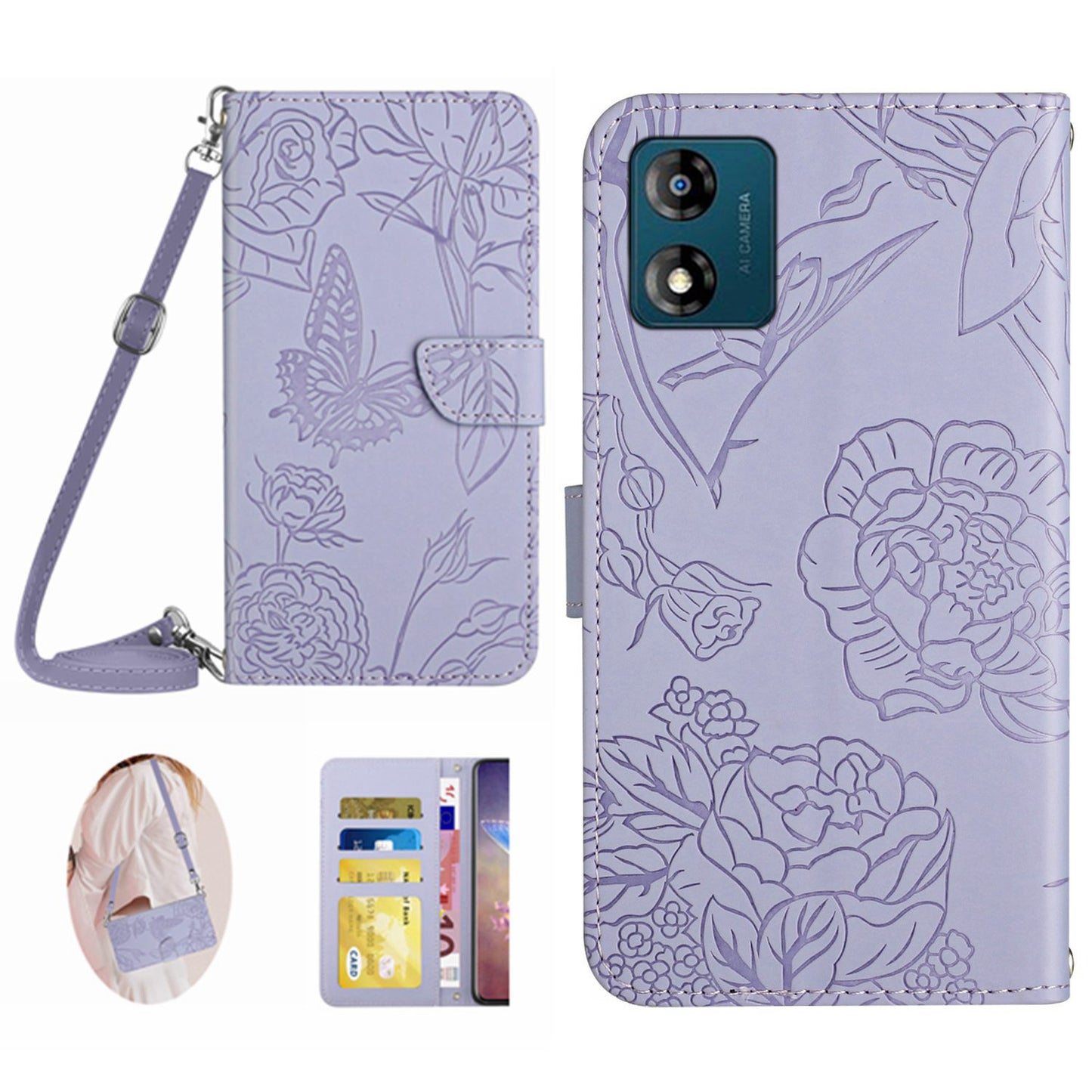 HT03 For Motorola Moto E13 4G Butterfly Flowers Imprinted Leather Wallet Case Stand Cover with Shoulder Strap