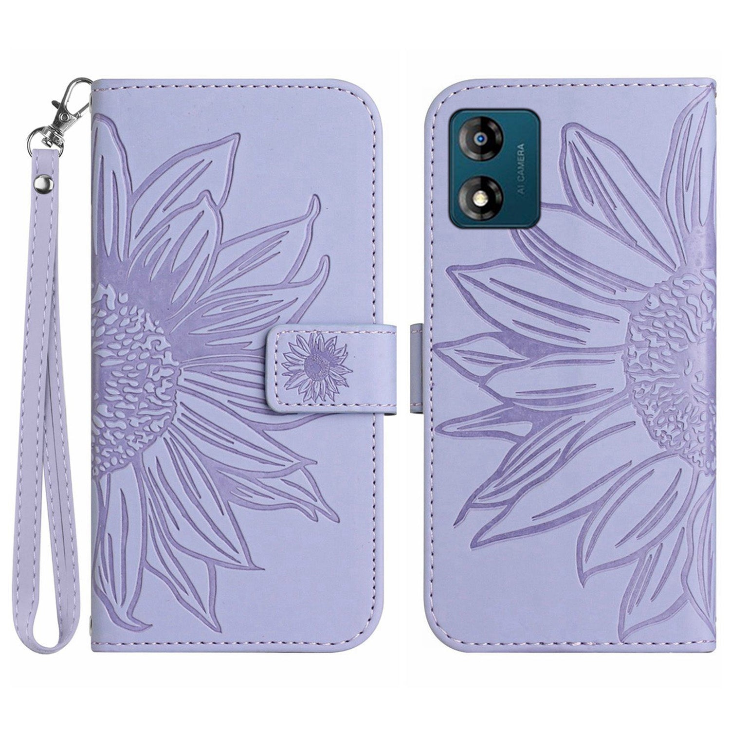 Skin-friendly Phone Case For Motorola Moto E13 4G, HT04 Sunflower Imprinted Stand Leather Anti-drop Phone Cover with Hand Strap