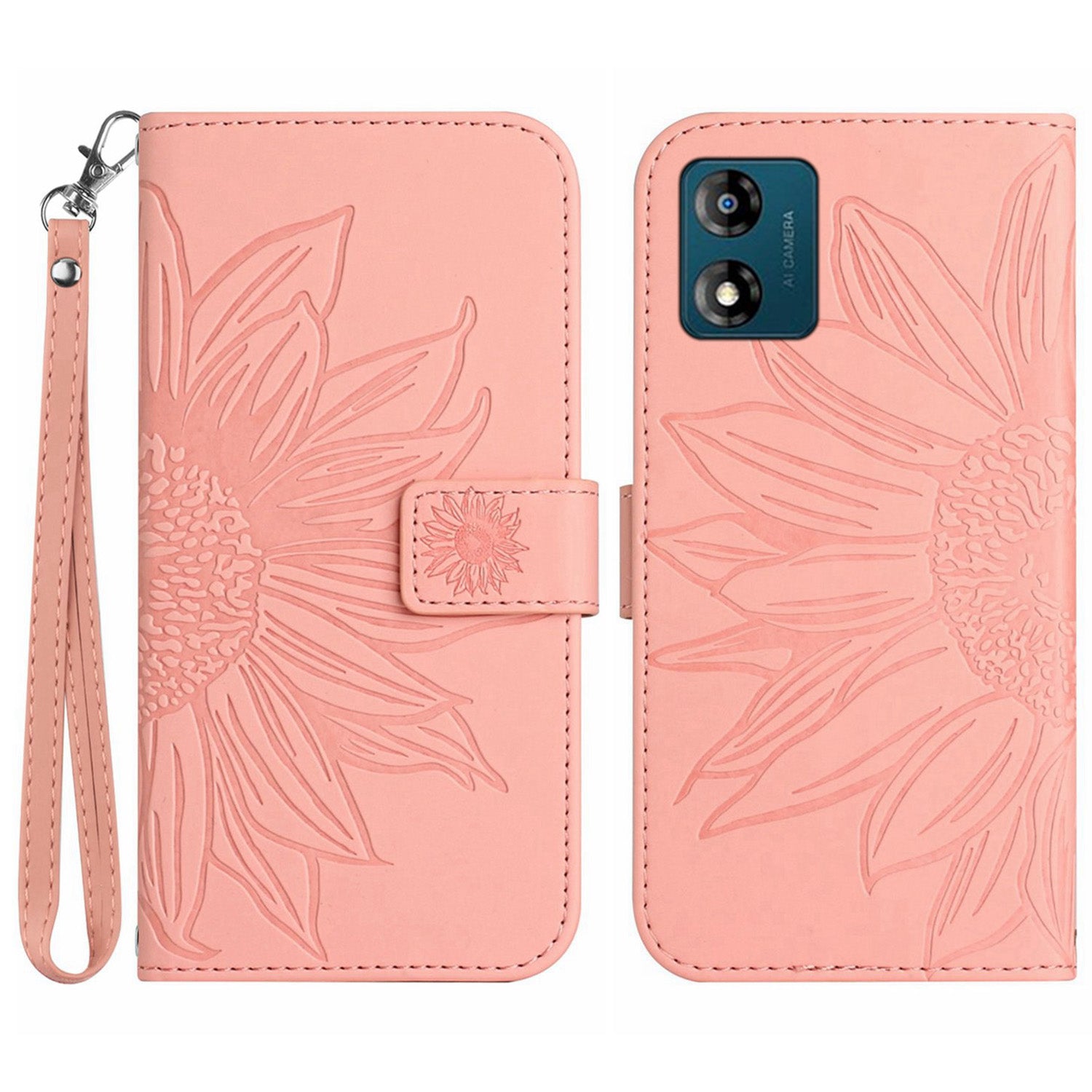 Skin-friendly Phone Case For Motorola Moto E13 4G, HT04 Sunflower Imprinted Stand Leather Anti-drop Phone Cover with Hand Strap