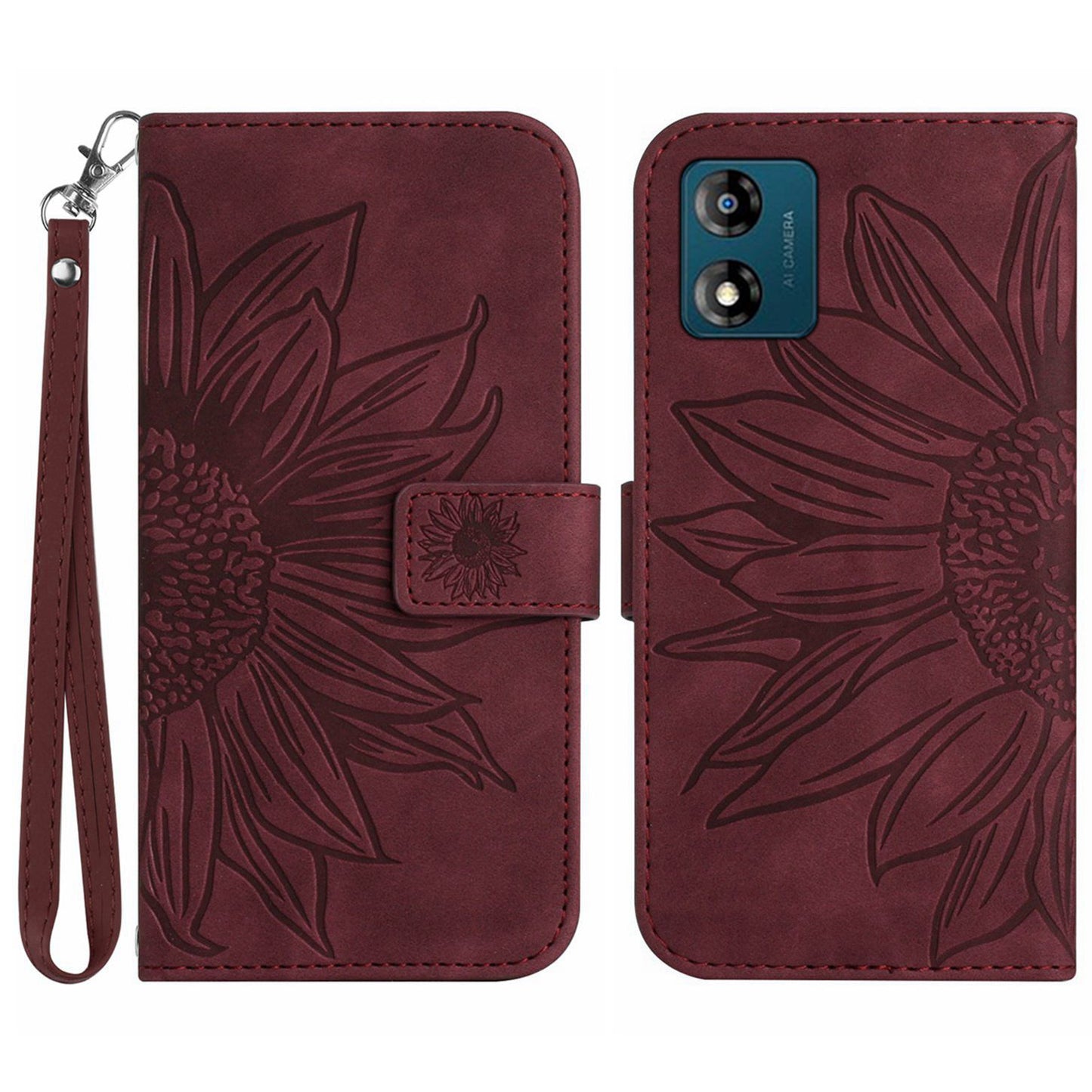 Skin-friendly Phone Case For Motorola Moto E13 4G, HT04 Sunflower Imprinted Stand Leather Anti-drop Phone Cover with Hand Strap