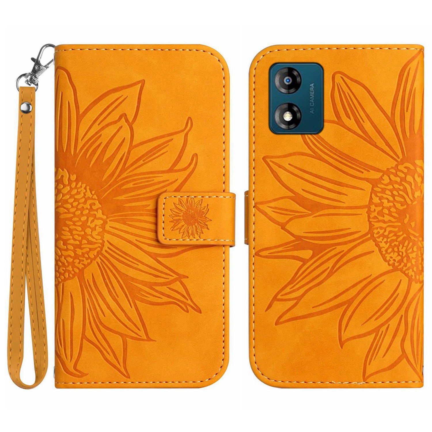 Skin-friendly Phone Case For Motorola Moto E13 4G, HT04 Sunflower Imprinted Stand Leather Anti-drop Phone Cover with Hand Strap