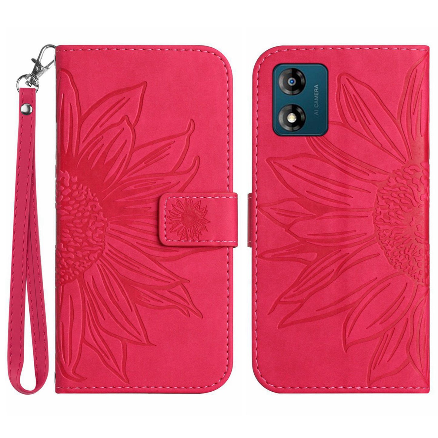 Skin-friendly Phone Case For Motorola Moto E13 4G, HT04 Sunflower Imprinted Stand Leather Anti-drop Phone Cover with Hand Strap