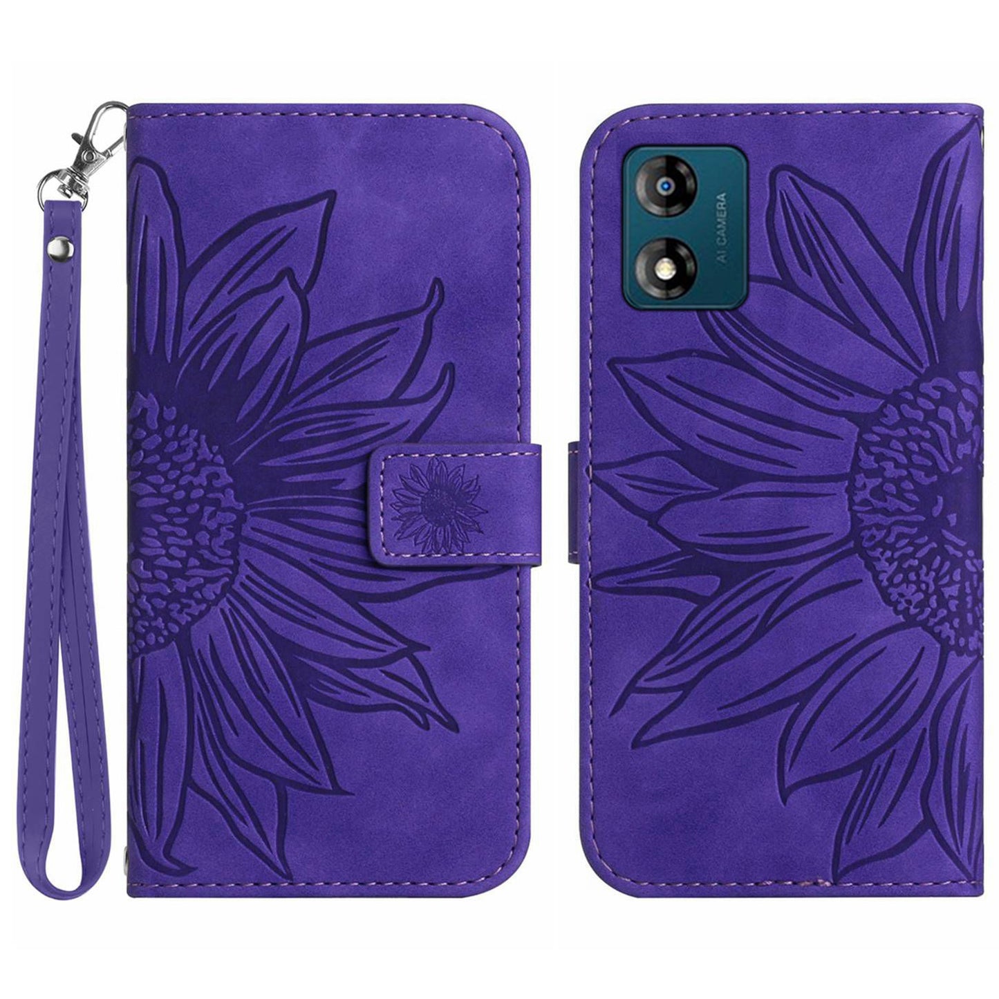 Skin-friendly Phone Case For Motorola Moto E13 4G, HT04 Sunflower Imprinted Stand Leather Anti-drop Phone Cover with Hand Strap