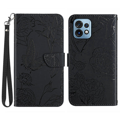 HT03 PU Leather Shell for Motorola Edge+ (2023) / Edge 40 Pro 5G / Moto X40 5G Imprinted Butterfly Flowers Cover Skin-touch Magnetic Flip Stand Case with Strap