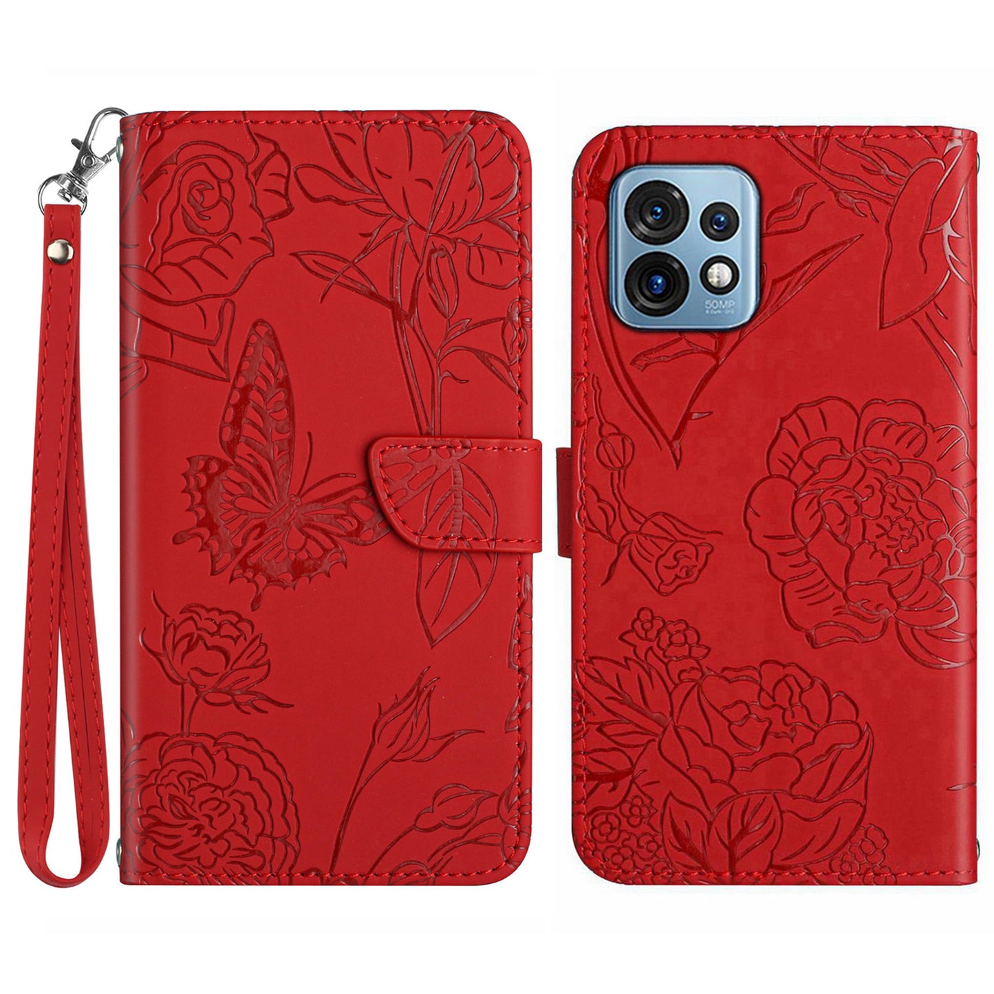 HT03 PU Leather Shell for Motorola Edge+ (2023) / Edge 40 Pro 5G / Moto X40 5G Imprinted Butterfly Flowers Cover Skin-touch Magnetic Flip Stand Case with Strap