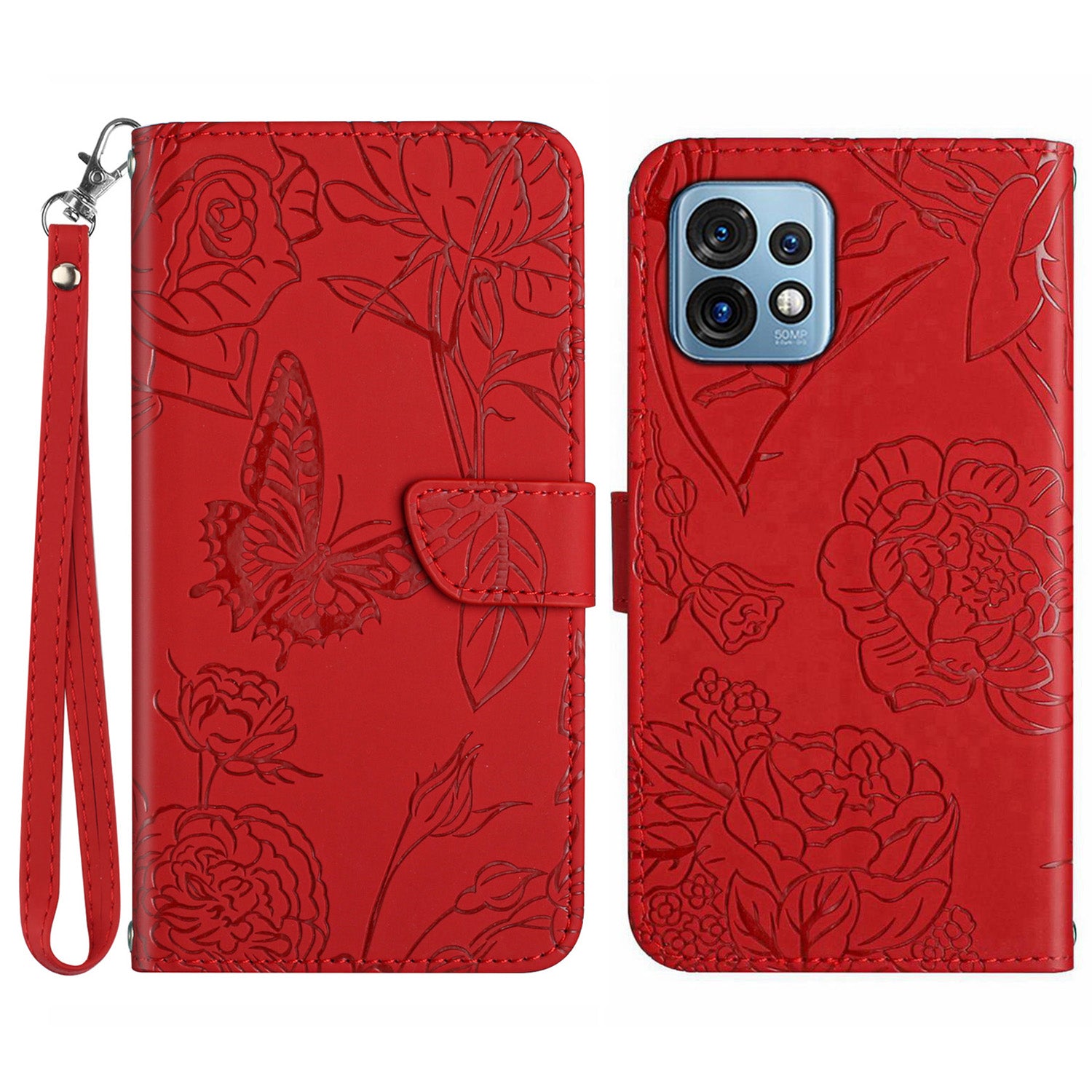 HT03 PU Leather Shell for Motorola Edge+ (2023) / Edge 40 Pro 5G / Moto X40 5G Imprinted Butterfly Flowers Cover Skin-touch Magnetic Flip Stand Case with Strap