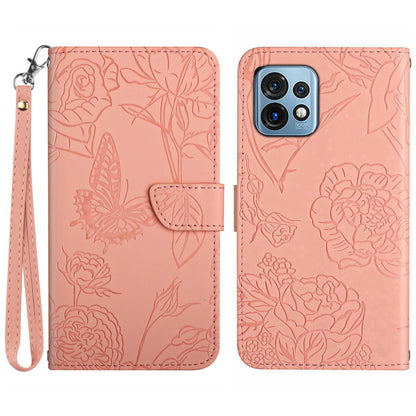 HT03 PU Leather Shell for Motorola Edge+ (2023) / Edge 40 Pro 5G / Moto X40 5G Imprinted Butterfly Flowers Cover Skin-touch Magnetic Flip Stand Case with Strap