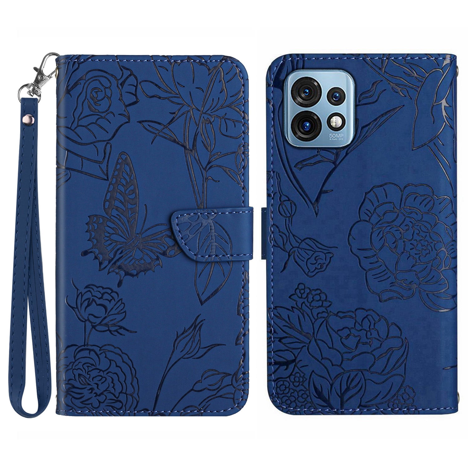 HT03 PU Leather Shell for Motorola Edge+ (2023) / Edge 40 Pro 5G / Moto X40 5G Imprinted Butterfly Flowers Cover Skin-touch Magnetic Flip Stand Case with Strap