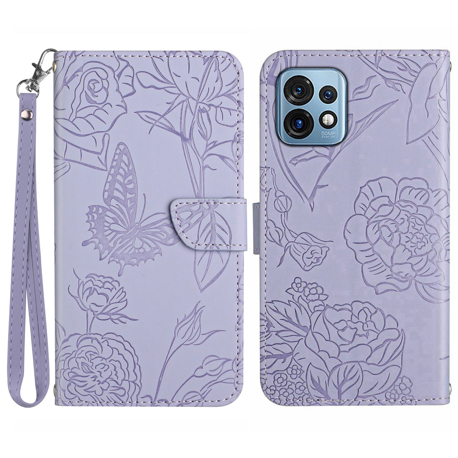 HT03 PU Leather Shell for Motorola Edge+ (2023) / Edge 40 Pro 5G / Moto X40 5G Imprinted Butterfly Flowers Cover Skin-touch Magnetic Flip Stand Case with Strap