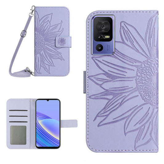 For TCL 40 SE HT04 PU Leather Cover Sunflower Imprinted Stand Wallet Phone Case with Shoulder Strap