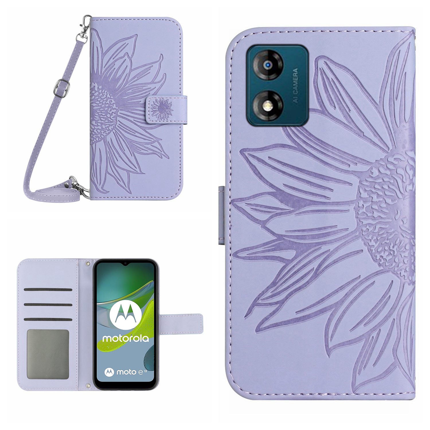 HT04 Flip Cover for Motorola Moto E13 4G, Sunflower Imprinted Stand Wallet PU Leather Phone Case with Shoulder Strap