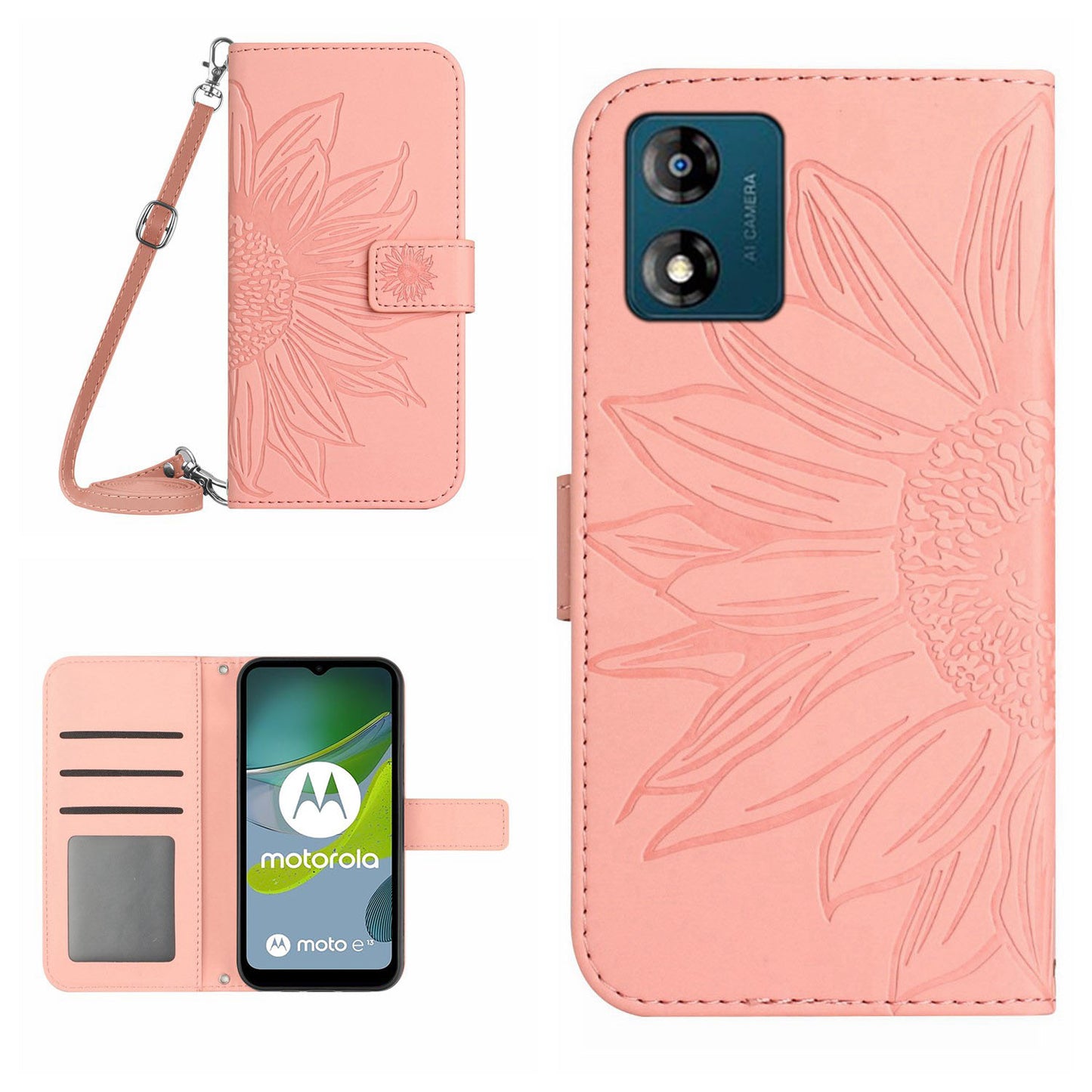 HT04 Flip Cover for Motorola Moto E13 4G, Sunflower Imprinted Stand Wallet PU Leather Phone Case with Shoulder Strap