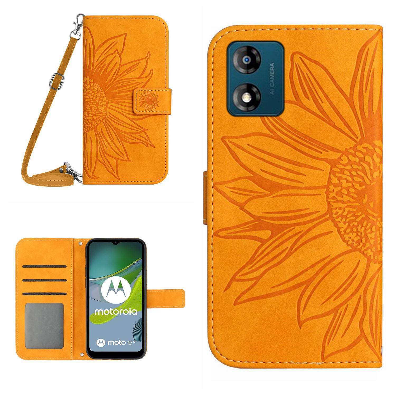 HT04 Flip Cover for Motorola Moto E13 4G, Sunflower Imprinted Stand Wallet PU Leather Phone Case with Shoulder Strap