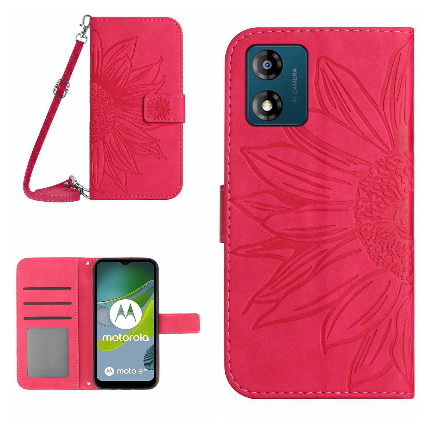 HT04 Flip Cover for Motorola Moto E13 4G, Sunflower Imprinted Stand Wallet PU Leather Phone Case with Shoulder Strap