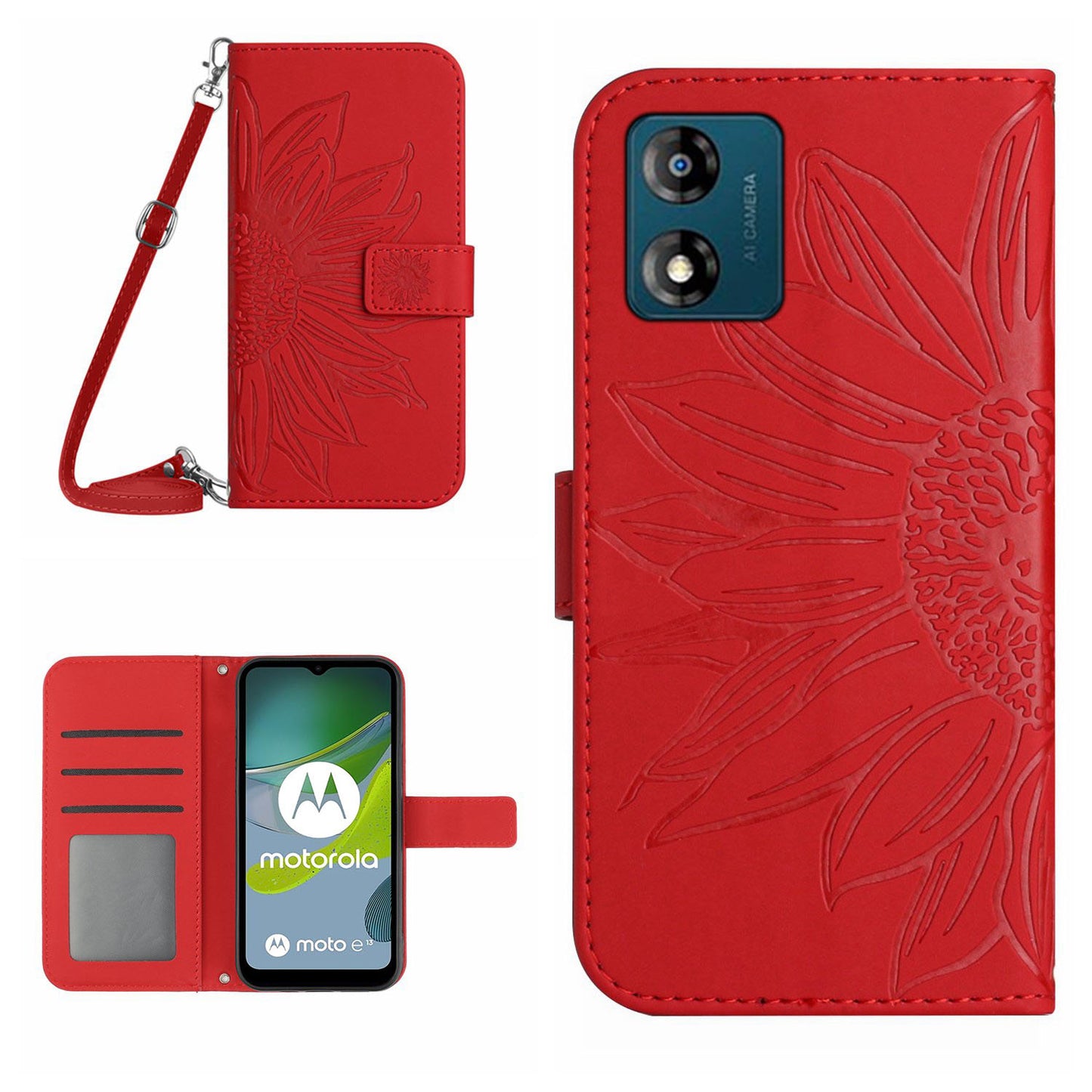 HT04 Flip Cover for Motorola Moto E13 4G, Sunflower Imprinted Stand Wallet PU Leather Phone Case with Shoulder Strap