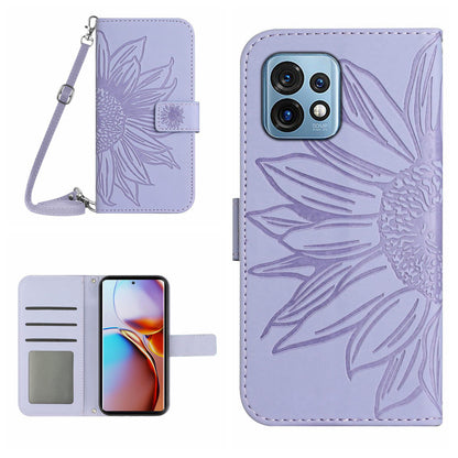 HT04 Flip Cover for Motorola Edge+ (2023) / Edge 40 Pro 5G / Moto X40 5G Drop Proof Sunflower Imprinted Stand Wallet PU Leather Case with Shoulder Strap