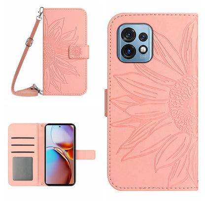 HT04 Flip Cover for Motorola Edge+ (2023) / Edge 40 Pro 5G / Moto X40 5G Drop Proof Sunflower Imprinted Stand Wallet PU Leather Case with Shoulder Strap