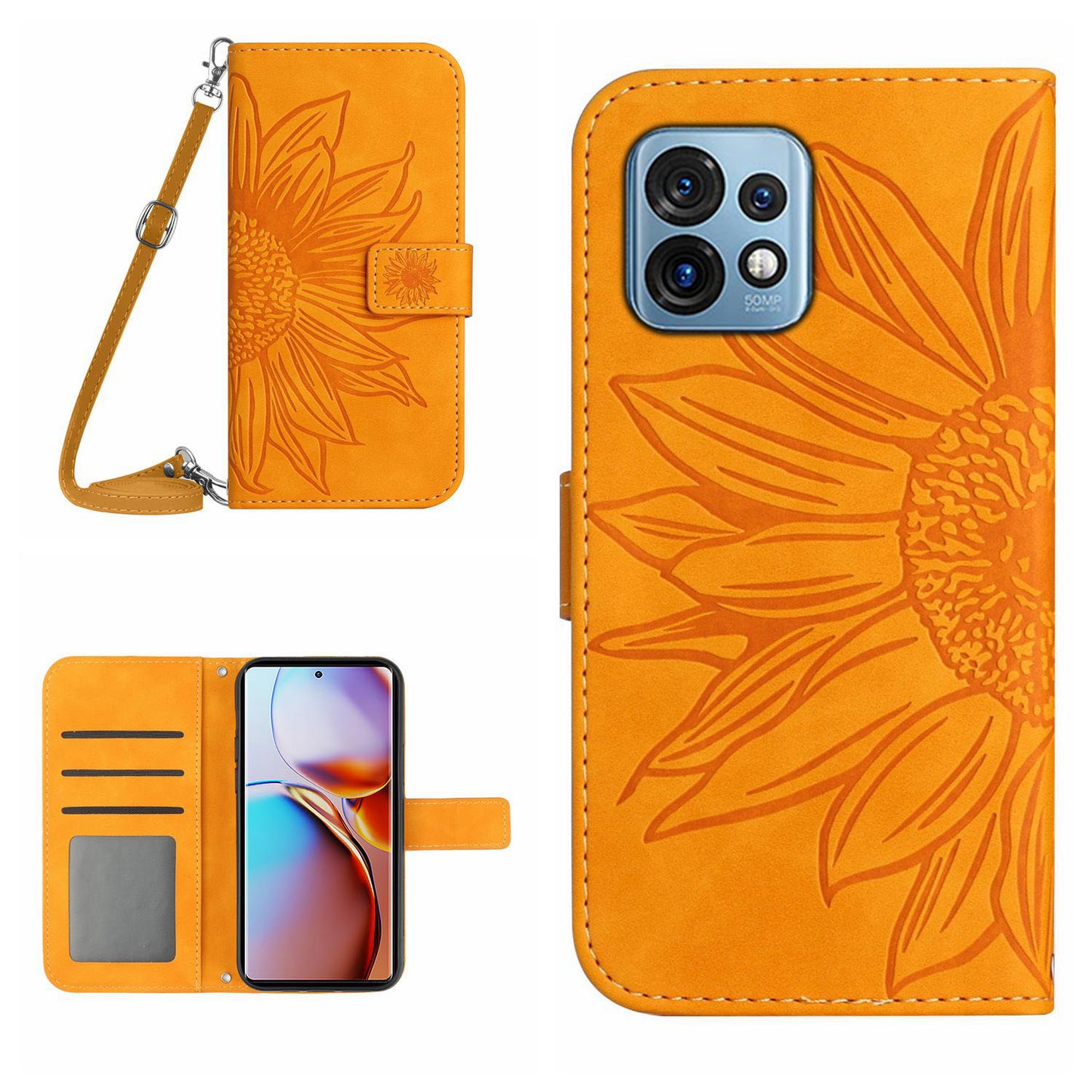 HT04 Flip Cover for Motorola Edge+ (2023) / Edge 40 Pro 5G / Moto X40 5G Drop Proof Sunflower Imprinted Stand Wallet PU Leather Case with Shoulder Strap